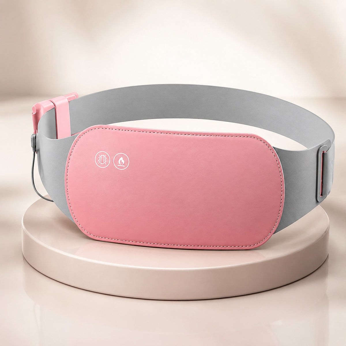Ceinture chauffante Belyss rose et grise presentee sur fond blanc