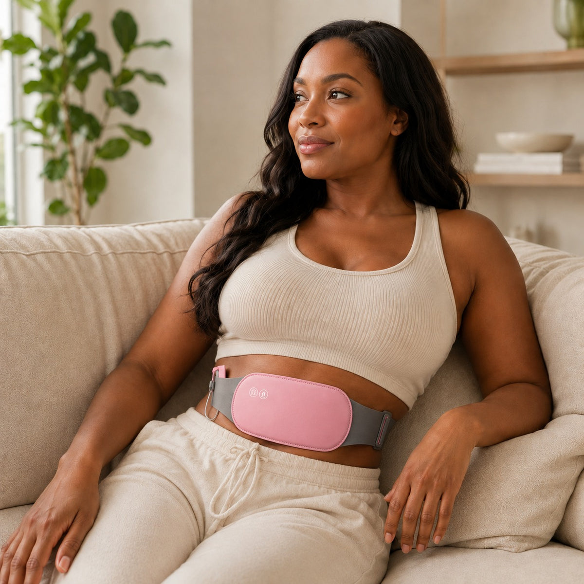 Femme portant la ceinture chauffante Belyss sur le ventre dans son salon