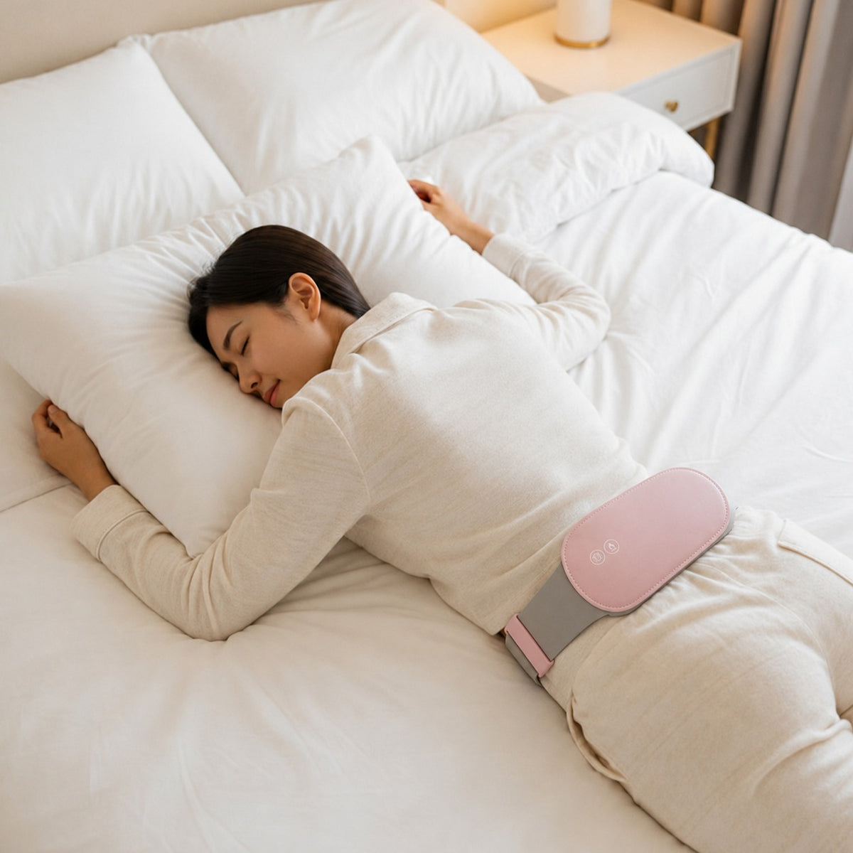 Femme endormie portant la ceinture chauffante Belyss contre les douleurs de regles
