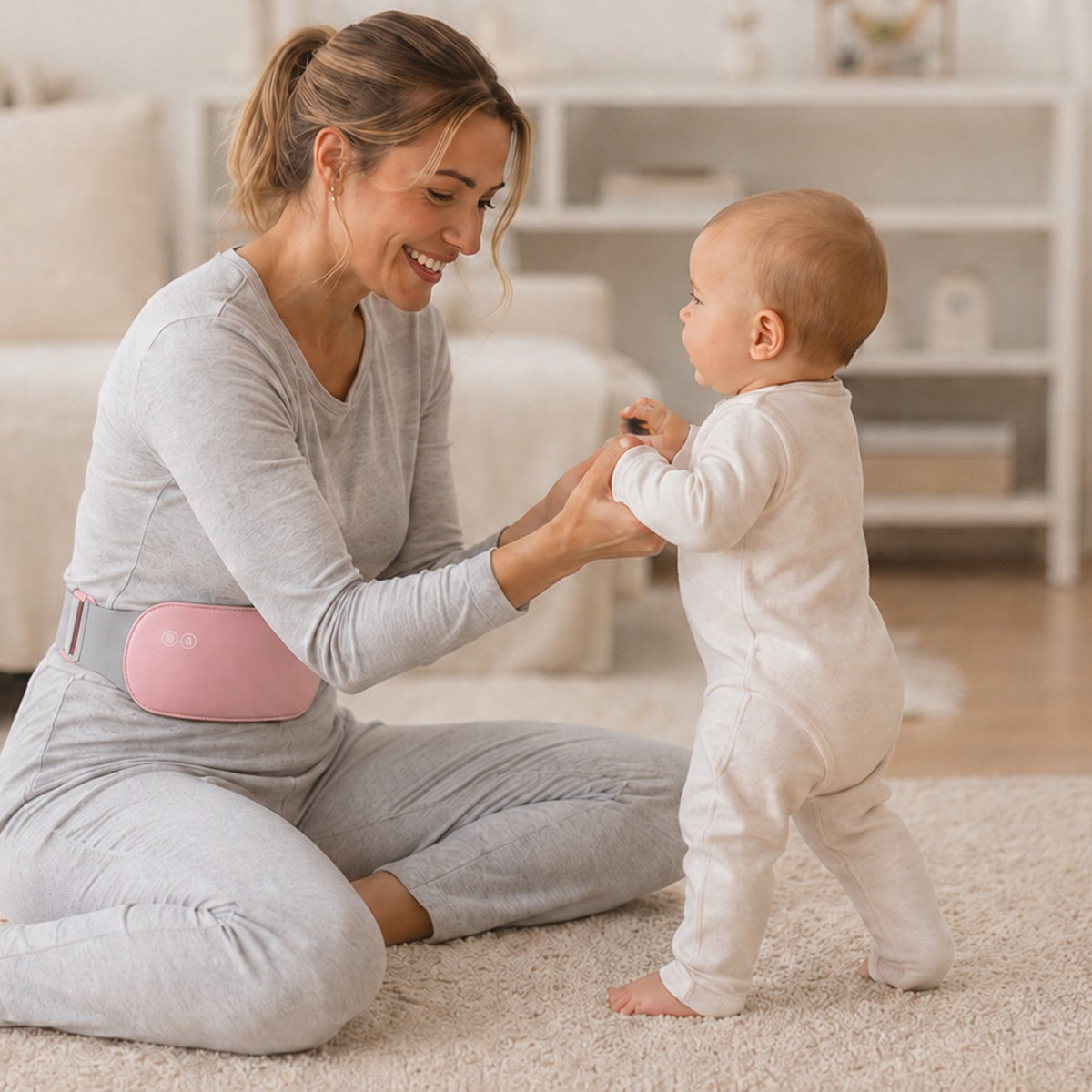 Maman jouant avec son bebe tout en portant la ceinture chauffante Belyss